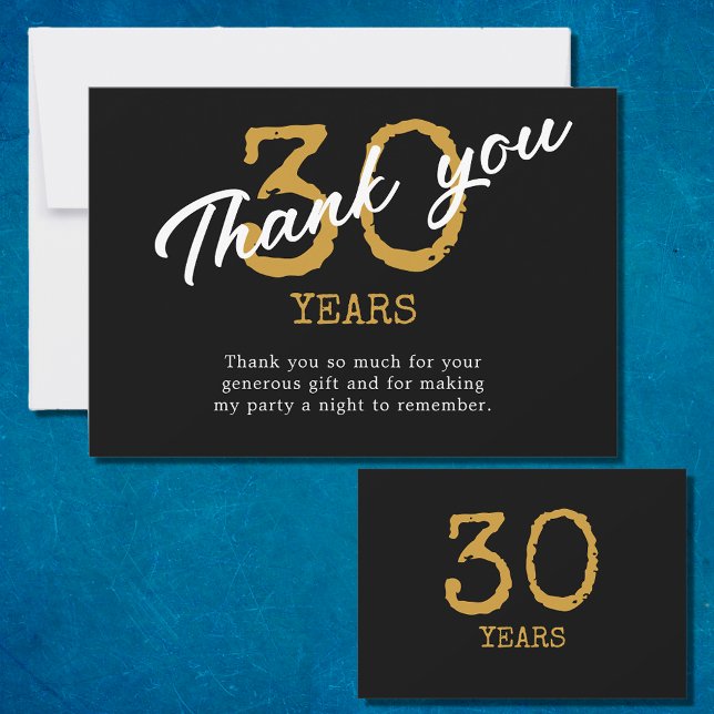 Cartão De Agradecimento aniversário de 30 anos Retro Preto E Dourado (30th Birthday Retro Black And Gold Thank You Card
)