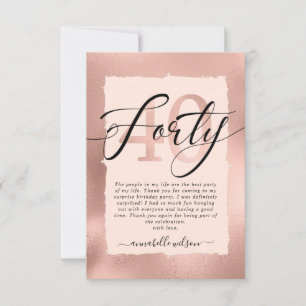 Cartão De Agradecimento aniversário de 40 anos de folha Dourada e rosa Ros