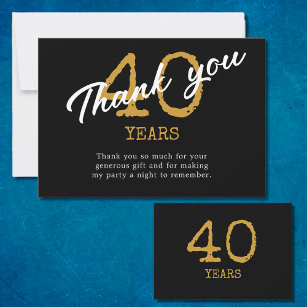 Cartão De Agradecimento aniversário de 40 anos Retro Preto E Dourado