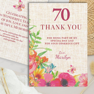Cartão De Agradecimento Aniversário de 70 anos Bold Floral Linen Agradecim