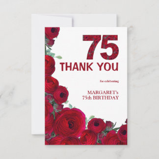 Cartão De Agradecimento Aniversário de 75 anos elegante flores vermelhas n