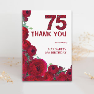 Cartão De Agradecimento Aniversário de 75 anos elegante flores vermelhas n