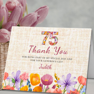 Cartão De Agradecimento Aniversário de 75 anos - Número Floral Elegante 75