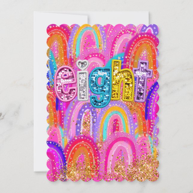 Cartão De Agradecimento Aniversário de 8 anos Lantejoulas Arco-íris (Frente)