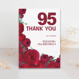 Cartão De Agradecimento Aniversário de 95 anos elegante vermelho floral nú