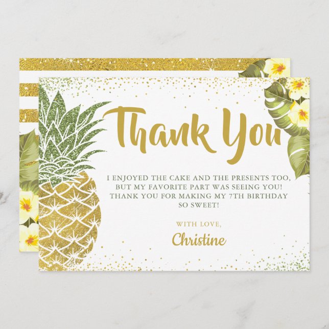 Cartão De Agradecimento Aniversário de abacaxi verde-Dourado tropical (Frente/Verso)