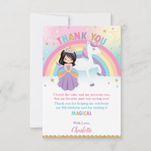 Cartão De Agradecimento Aniversário de Black Hair Princess e Rainbow Unic