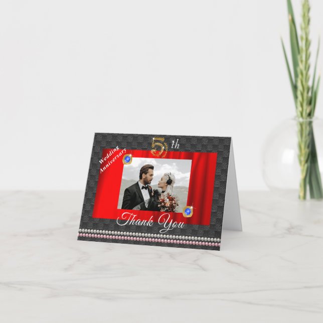 Cartão De Agradecimento Aniversário de Casamento de 5 Dourado & Gems Obrig (Frente)