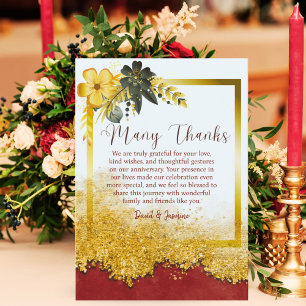 Cartão De Agradecimento Aniversário de Casamento Foral Dourado e Borgonha