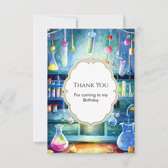 Cartão De Agradecimento Aniversário de Cientista Magia Ciência Aquarela (Frente)