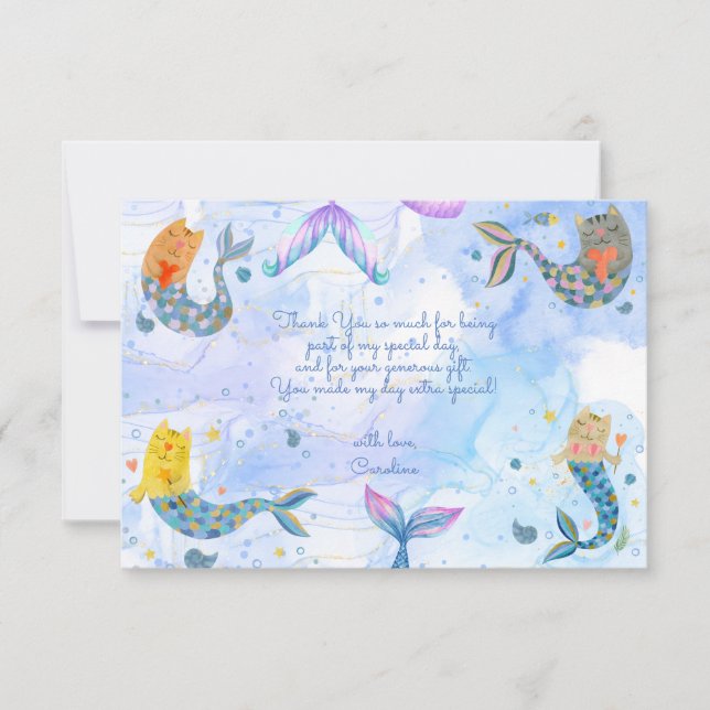 Cartão De Agradecimento Aniversário de criança de sereia de gato-do-púrpur (Frente)