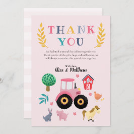 Cartão De Agradecimento Aniversário de criança de Trator Rosa para Meninas