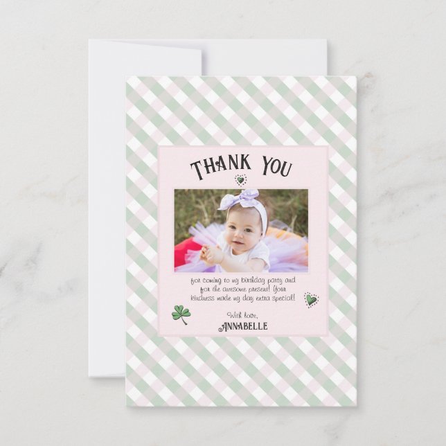 Cartão De Agradecimento Aniversário de Crianças Irlandesas Rosa e Verde (Frente)