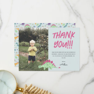 Cartão De Agradecimento Aniversário de Crianças Meninos Dinossauro Azul Fo