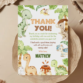 Cartão De Agradecimento Aniversário de Dinossauro Fofo com Aquarela e Folh