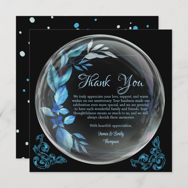Cartão De Agradecimento Aniversário de Etapa Floral Azul Preto Moderno (Frente/Verso)