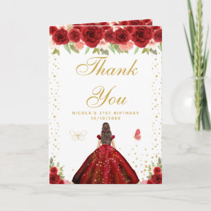 Cartão De Agradecimento Aniversário de Menina de Cabelo Castanho com Flora