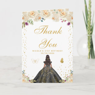 Cartão De Agradecimento Aniversário de Menina de Pele Morena Floral Creme