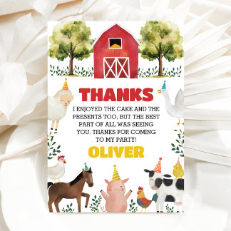 Cartão De Agradecimento Aniversário de Menino com Animais da Fazenda