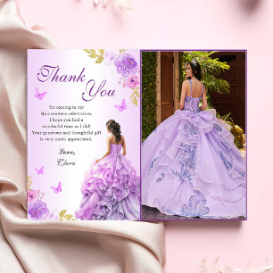 Cartão De Agradecimento Aniversário de Quinceañera, Frente Roxa Elegante