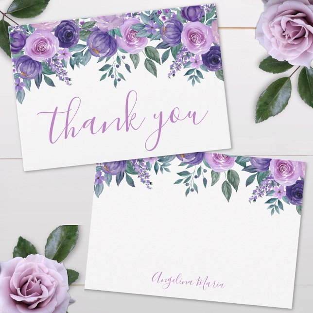 Cartão De Agradecimento Aniversário de Quinceañera Roxo Floral (Floral Purple Quinceañera Birthday Thank You Card)