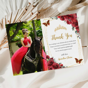 Cartão De Agradecimento Aniversário de Quinceañera Vermelho Borboletas Flo