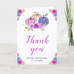 Cartão De Agradecimento Aniversário do Abóbora Floral Azul-Roxo e Marinho