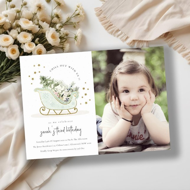 Cartão De Agradecimento Aniversário do Aqua Blue Dourado Winter Sleigh Fot (Criador carregado)