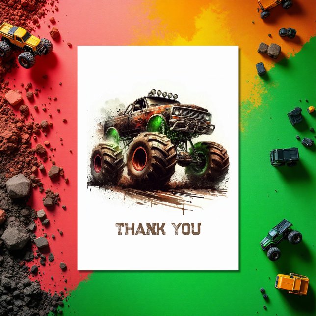 Cartão De Agradecimento Aniversário do Caminhão Monstro Todo Terreno Rugge (Rugged Off-Road Monster Truck Birthday Thank You Card)
