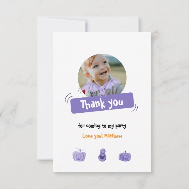 Cartão De Agradecimento Aniversário do Dia das Bruxas roxo e laranja. Pers (Frente)