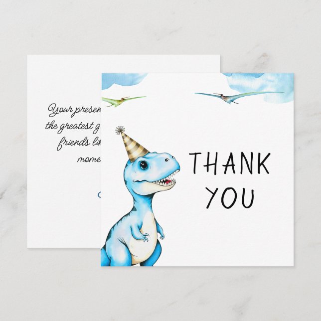 Cartão De Agradecimento Aniversário do Dinossauro Rex Azul Aquarela Três (Frente/Verso)