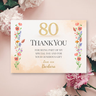Cartão De Agradecimento Aniversário do Elegante 80 - 80 Anos Flores Selvag