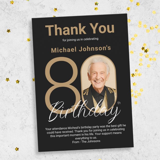Cartão De Agradecimento Aniversário do Elegante Black Dourado 80 (Elegant Black Gold 80th Birthday Thank You Card)