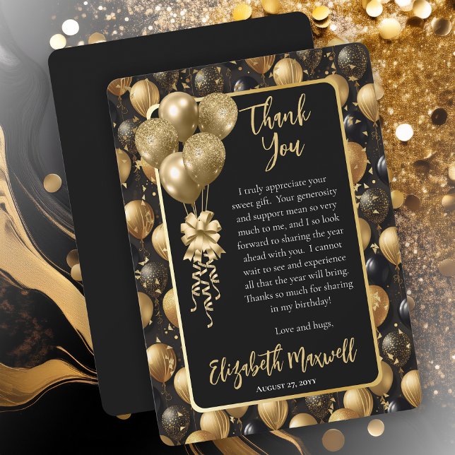 Cartão De Agradecimento Aniversário do Elegante Black Dourado Balloons (Elegant Black Gold-Tone Faux Glitter Balloons Pattern Birthday Party Thank You Card)