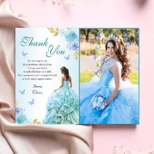 Cartão De Agradecimento Aniversário do Elegante Blush Blue Floral Quinceañ