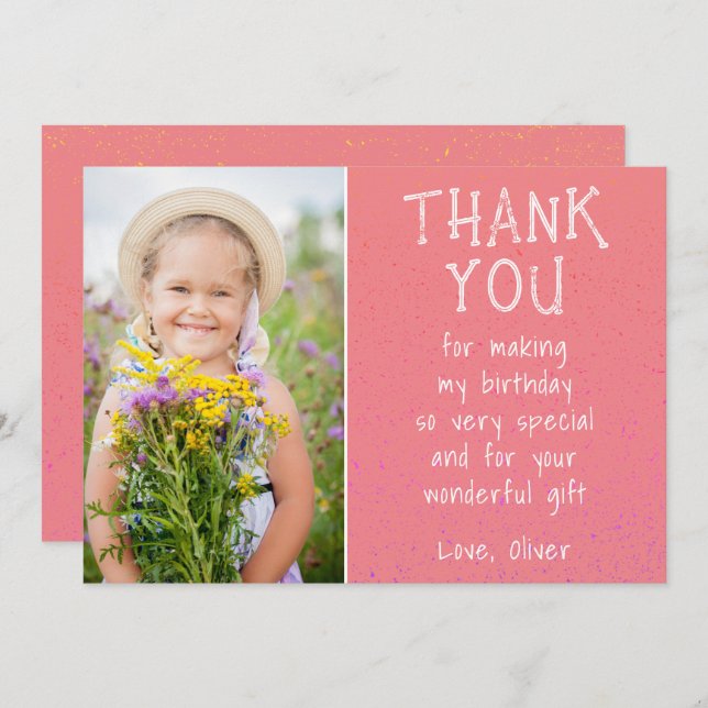 Cartão De Agradecimento Aniversário do Garoto Rosa Fotográfico (Frente/Verso)