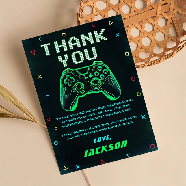 Cartão De Agradecimento Aniversário do Jogo de Arcade Verde Neon (Criador carregado)