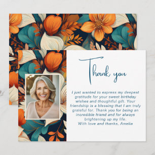 Cartão De Agradecimento Aniversário do Padrão Foliar de Flor Elegante