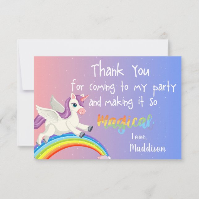 Cartão De Agradecimento Aniversário do Unicórnio Mágico - Arco-Íris Pink P (Frente)