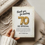 Cartão De Agradecimento Aniversário Dourado 70 Branco<br><div class="desc">Elegante na sétima festa de aniversário,  agradeço as cartas com um simples fundo branco que pode ser mudado para qualquer cor,  brilho dourado,  setenta balões de ouro hellium e um obrigado moderno que você modelo é fácil de personalizar.</div>