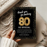 Cartão De Agradecimento Aniversário Dourado 80-Adulto Negro<br><div class="desc">Oitenta festas de aniversário elegantes agradecemos cartas com um fundo na moda preto que pode ser mudado para qualquer cor,  brilho dourado brilhante,  balões de hellio de oitenta ouro,  e um obrigado moderno que você modelo é fácil de personalizar.</div>