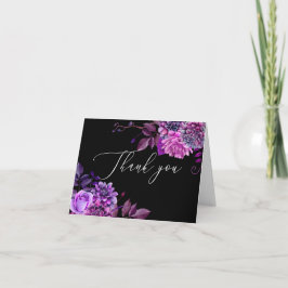 Cartão De Agradecimento Aniversário floral preto-branco-roxo, Elegante