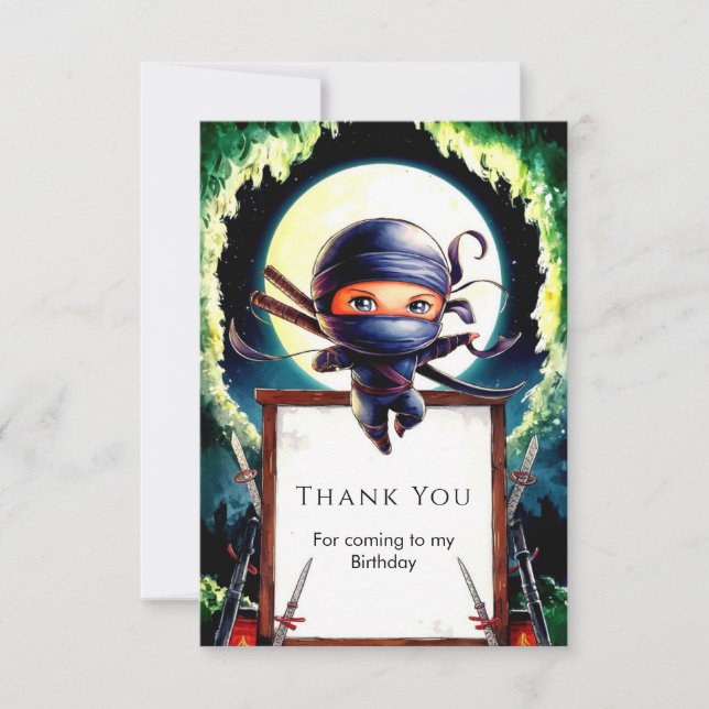 Cartão De Agradecimento Aniversário Mágico de Ninja Kids (Frente)