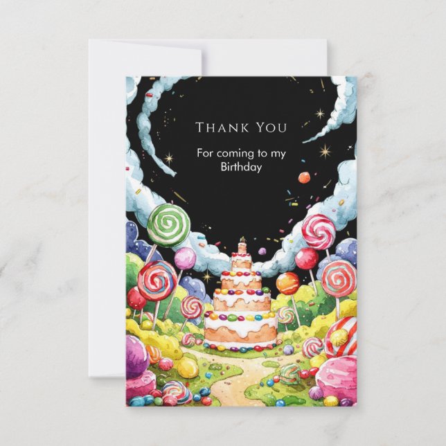 Cartão De Agradecimento Aniversário Mágico e Divertido no Candyland (Frente)