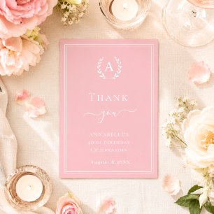 Cartão De Agradecimento Aniversário minimalista com monograma rosa