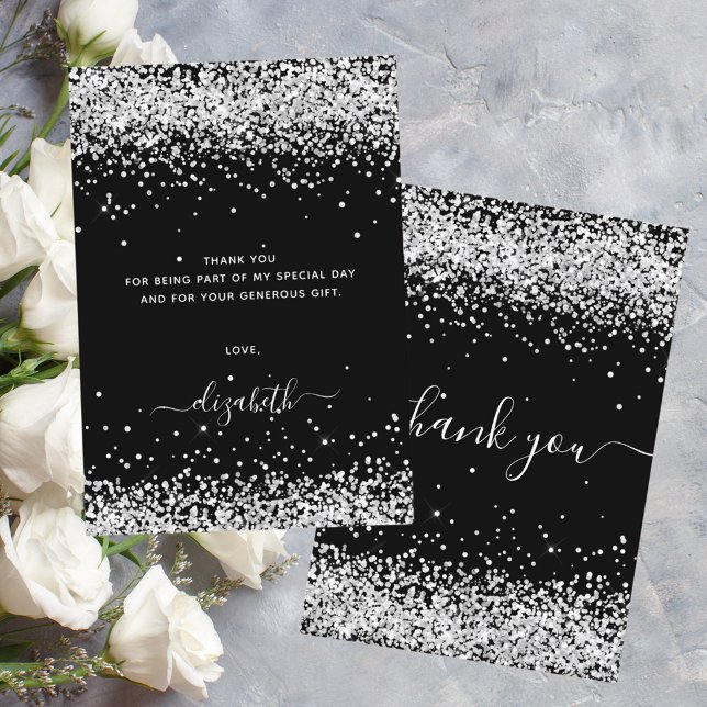 Cartão De Agradecimento Aniversário obrigado de poeira de prata preta (Criador carregado)