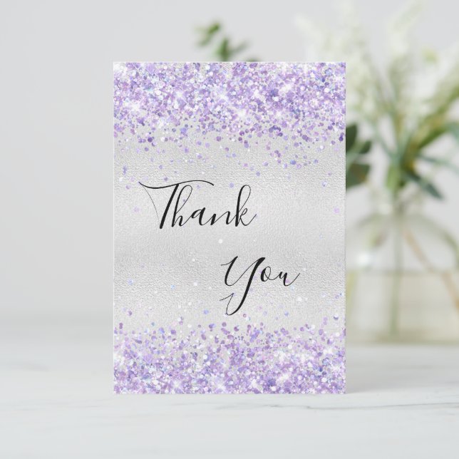Cartão De Agradecimento Aniversário obrigado de poeira roxa prateada (Em pé/Frente)