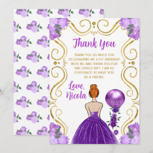 Cartão De Agradecimento Aniversário Princesa de Cabelo Vermelho Roxo Feliz
