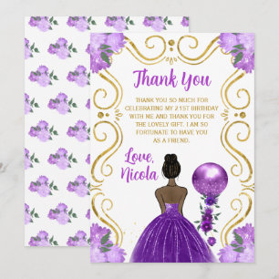 Cartão De Agradecimento Aniversário Princesa de Pele Morena Roxo Feliz Ani