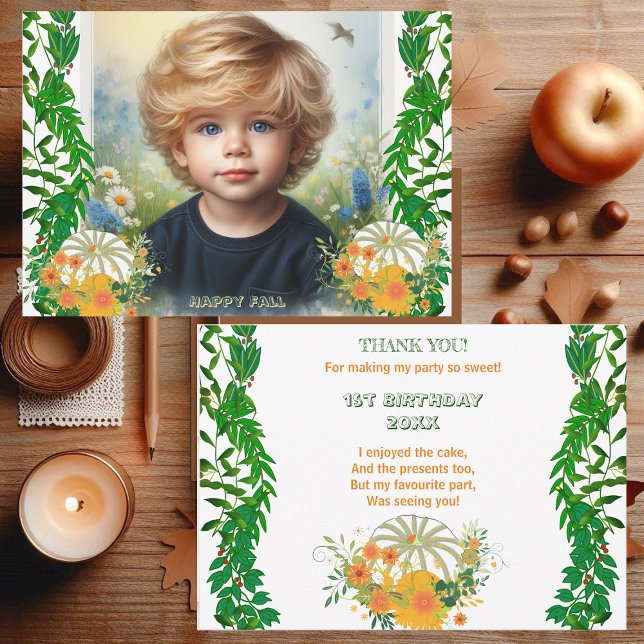 Cartão De Agradecimento Aniversário, Pumpkin Greenery Caiu Cores (Sweet Little Pumpkin Greenery Fall Colors Birthday Thank You Card)